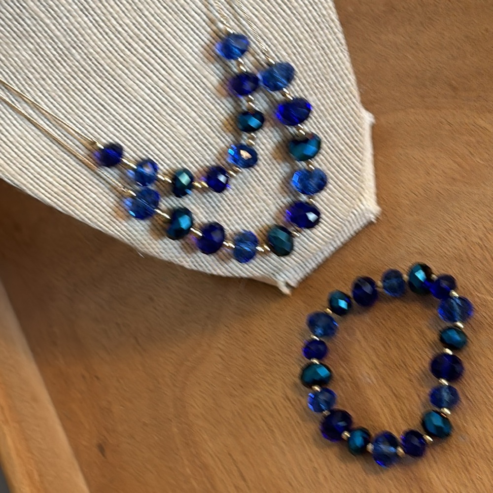Blue Faceted Glass Beaded Necklace & Bracelet Set